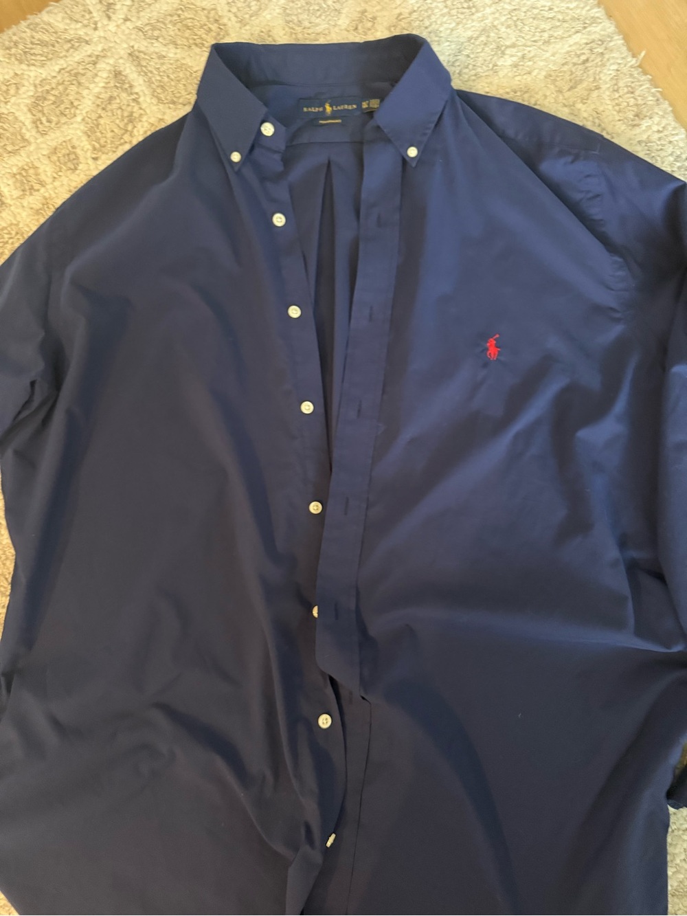 Ralph Lauren Navy Button-Down Shirt with Red Pony Logo Performance